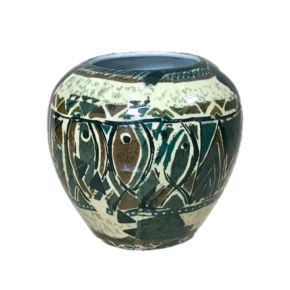 Southwestern Fish Ceramic Vase Geometric Pattern Aztec Boho Earth Tones Indie